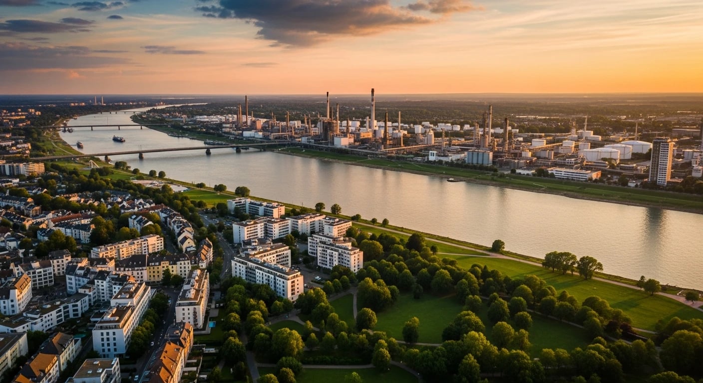 Drohnenaufnahme Leverkusen – Chempark und Rhein, Monteurzimmer ab 15 Euro